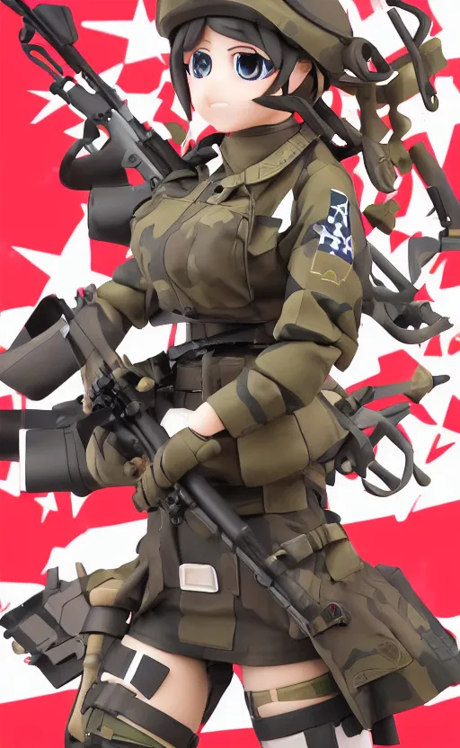 Prompt: toy design, military flags, portrait of soldier girl, girls frontline style, anime figma figure, realistic photo, flight squadron insignia, soldier clothing, realistic military gear, inspired by good smile company, 120mm, round elements, photo taken by professional photographer, by shibafu, trending on facebook, symbology, anime character anatomy, high resolution, matte, empty hands, realistic military carrier