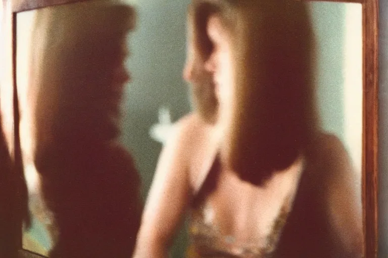 Prompt: close-up color film photography 1970s, woman standing near mirror, soft light, 35mm, film photo, Joel Meyerowitz