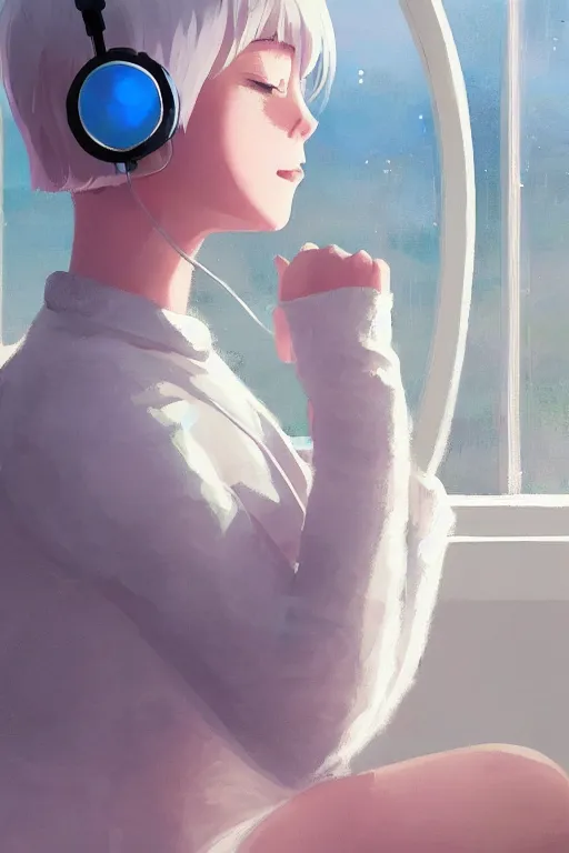 Prompt: a cute young woman sitting in a white bubble chair listening to music with her eyes closed and wearing headphones, white bob cut hair, freckles, cozy setting, blue and white, warm lighting, cinematic, moody, nier automata, poster, oil on canvas, in the style of Ilya Kuvshinov, Krenz Cushart, Range Murata, Eero Aarnio, 8k