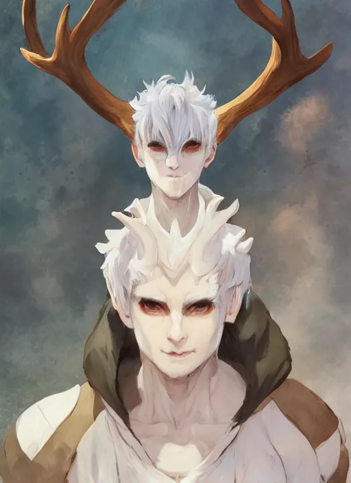 Prompt: concept art painting of an androgynous person with brown skin and short white hair, demon horns, deer makeup, full clothing, blue clothes, blue robes, detailed, cel shaded, in the style of ruan jia and artgerm and makoto shinkai and james gurney