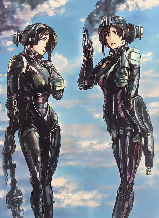 Image similar to Portrait of a female mech pilot in a latex bodysuit, 90s anime, cel-shaded, highly detailed, dramatic background, complementary lighting, poster