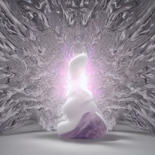 Image similar to 3 d fluid simulation render, octane render, xparticles, white colors, female bodies, white carved abstract sculpture, amethyst mineral quartz, swirly curls, abstract white fluid,