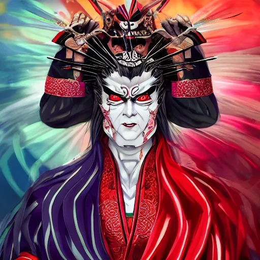 Image similar to an epic portrait of insane kabuki wielding a spear while striking a pose, magical aura of insanity driving beasts insane, intricate hakama, red wig, high energy, dramatic lighting, trending on artstation,