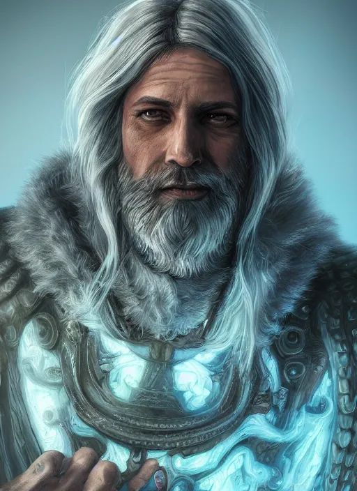 Prompt: an epic fantastic realism comic book style portrait painting of an aasimar warlock, male, shaggy silver hair, short brown beard, d & d concept art, unreal 5, daz, petrol aesthetic, octane render, cosplay, rpg portrait, dynamic lighting