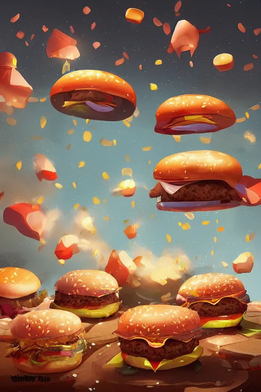 Image similar to hamburgers raining from the sky, digital art, artstation trending, digital painting