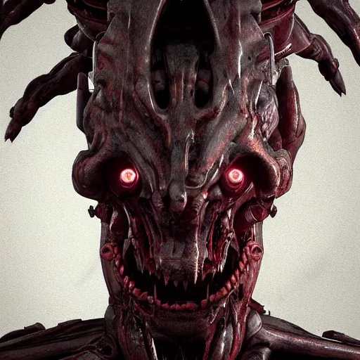 Image similar to a biomechanical horror, half creature half machine, DOOM inspired, realistic octane render