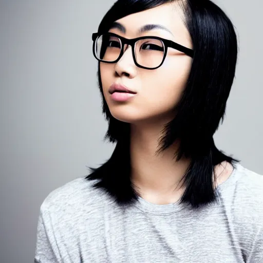 Prompt: portrait of an asian trans girl with very short black hair in a shag haircut, wearing glasses, wearing a black t-shirt, digital art, elegant pose, masterpiece