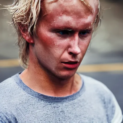 Prompt: sweaty young blond man wearing a sweat soaked red shirt, his hair is wet with sweat and messed up, he is tired and worried