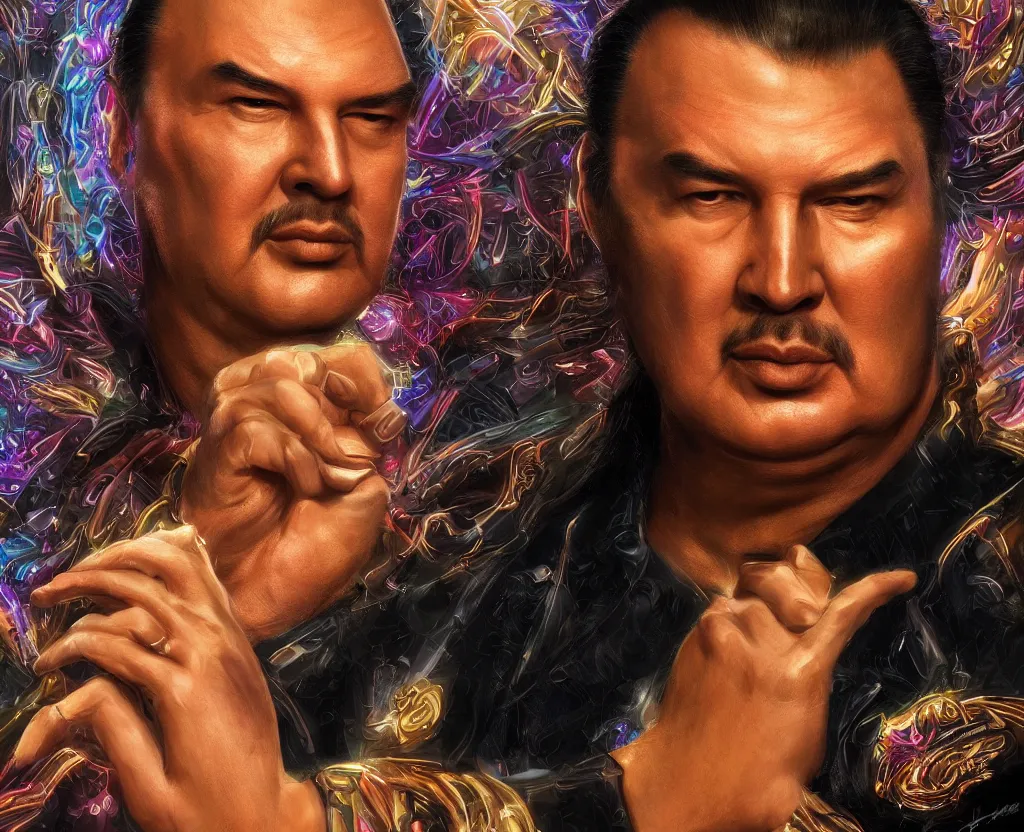 Image similar to epic portrait of Steven Seagal, bloomed lighting, angelic, futuristic, beautiful colors, slightly golden, very detailed, detailed mechanical hands, electrical details, cinematic lighting high details, 4k, 8k, trending on artstation, ultra-realism