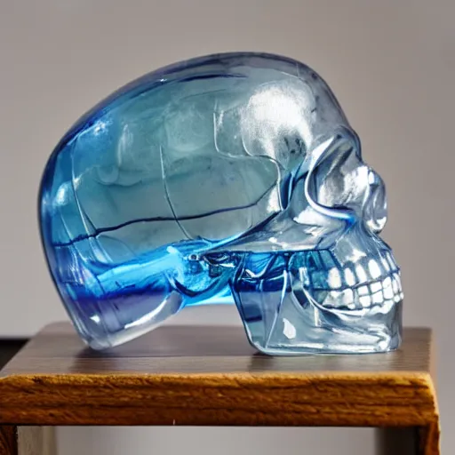 Prompt: transparent fluorite crystal skull on oak plinth, front lit