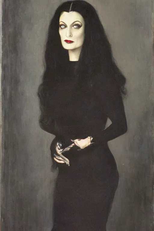 Prompt: upper body portrait deanna troi as morticia addams by alfred stevens