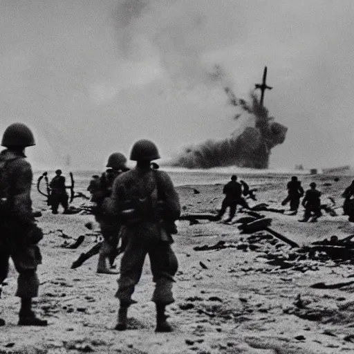 Prompt: photo of d-day, world war 2, Godzilla in distance, war, cinematic, gritty, grainy