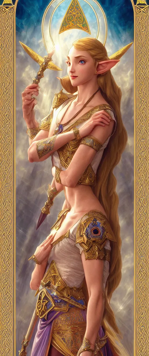 Prompt: perfectly detailed princess zelda esoteric tarot card!! blessed by nature with ever - increasing physical mental perfection, symmetrical! intricate, sensual features, highly detailed, biblical divine holy perfection!! digital painting, artstation, concept art, smooth, sharp focus, illustration, art by artgerm and greg rutkowski and alphonse mucha