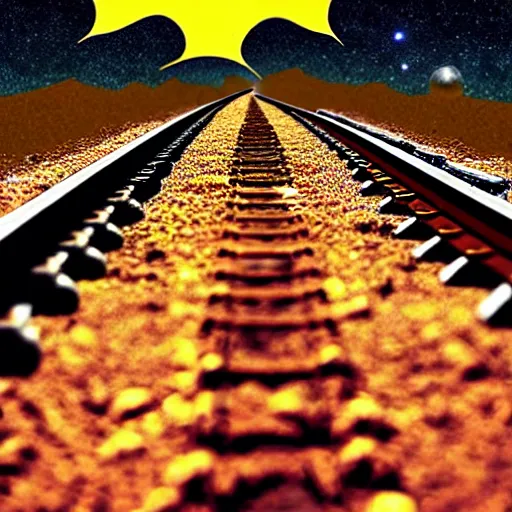 Prompt: train track through solar system, epic award winning cinematic still