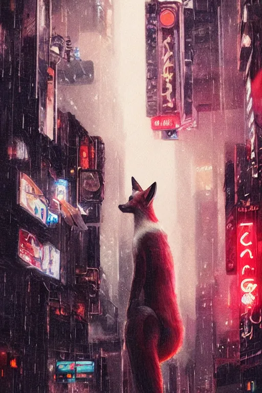 Prompt: award winning gorgeous portrait of a tall, beautiful white female anthro fox smoking a cigarette while towering head and shoulders above the bustling crowd of a rainy city street around her, cyberpunk clothes, harsh neon lights, highly detailed, sharp focus, digital painting, illustration, trending on artstation, art by sakimichan, wlop, greg rutkowski