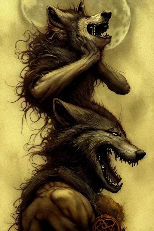 Prompt: werewolf and the full moon | esoteric symbolism | jean - baptiste monge, esao andrews, bastien lecouffe - deharme, tim jacobus, ken currie | ultra - detailed realism, soft cinematic lighting, hi - fructose, artstation, high - quality, ink watercolors wes anderson poster art