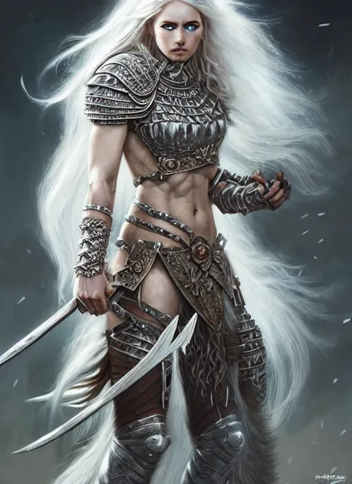 Image similar to barbarian, plated armor!!! long wild white hair!! fantasy, d & d, intricate ornate details, digital painting, beautiful eyes!, pretty face!!, symmetry, concept art, sharp focus, illustration, art by artgerm! greg rutkowski magali villeneuve wlop! ilya kuvshinov!!, octane render