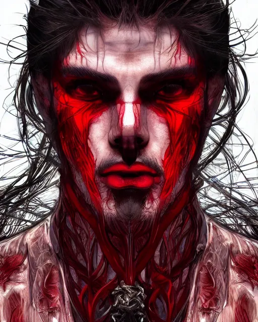 Image similar to brutal close up portrait intense translucent skin vampire, flowing hair, highly detailed, very intricate, graphical errors, going gpu, chromatic aberration, harsh lighting, unreal engine 5, illustration by mandy jurgens and alphonse mucha and yoji shinkawa, black and red only!!!, featured on artstation