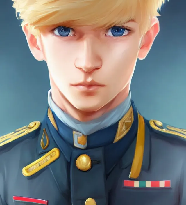 Image similar to character concept art of a cute young german boy with blond hair and bluish eyes, wearing a military uniform. lovely - fine - face, key visual, realistic shaded perfect face, fine details by rossdraws, james jean, andrei riabovitchev, marc simonetti, sakimichan, trending on artstation