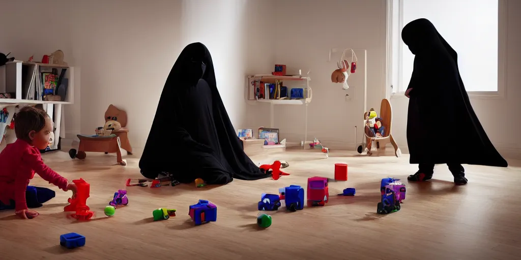 Image similar to child plays with toys in a room while a hooded ominous figure stands in the corner hidden in shadow with red glowing eyes, mysterious and horror atmosphere