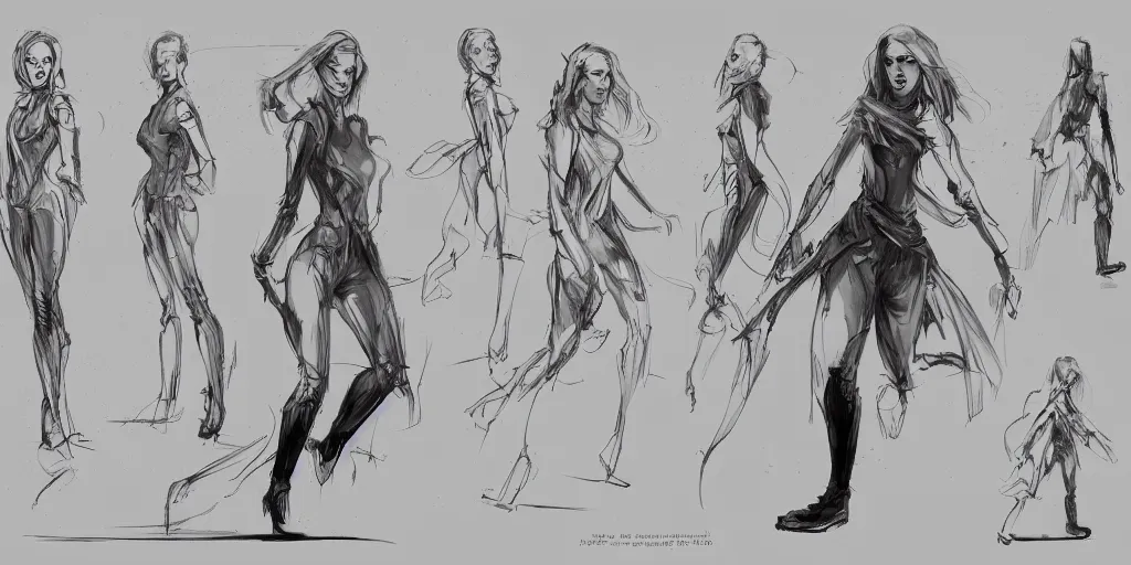 Image similar to halston sage running down a dream, walking cycle, animation, character sheet, fine details, concept design, contrast, kim jung gi, greg rutkowski, trending on artstation, 8 k, full body, turnaround, front view, back view, ultra wide angle