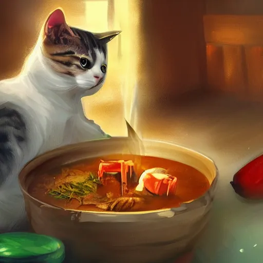 Image similar to a cat cooking soup, stirring a pot with a ladle and cutting vegetables, fantasy illustration, trending on artstation, deviantart, very realistic, 4k