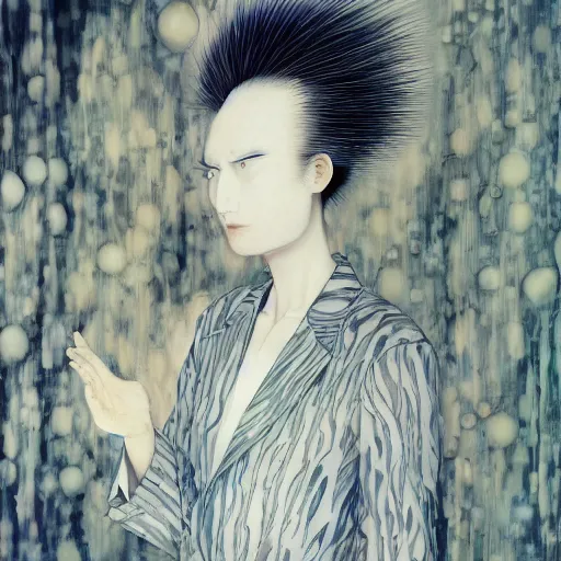 Image similar to yoshitaka amano blurred and dreamy realistic portrait of a woman with black eyes and white hair wearing dress suit with tie, junji ito abstract patterns in the background, satoshi kon anime, noisy film grain effect, highly detailed, renaissance oil painting, weird portrait angle, blurred lost edges, three quarter view