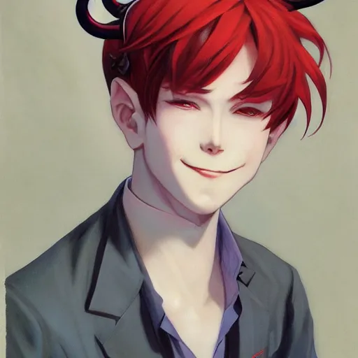 Prompt: a boy with red hair, red eyes, demon horns and a tail with a devious grin. By JC Leyendecker Phuoc Quan. Makoto shinkai