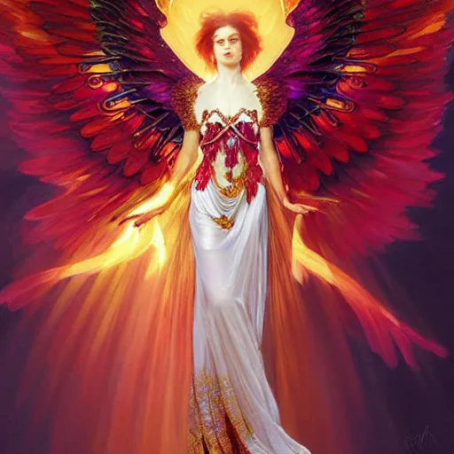 Image similar to a beautiful orchid phoenix angel woman, in an ornamented dress with large wings, rubies, volumetric light, god rays, highly detailed painting by greg rutkowski, artgerm, alphonse mucha