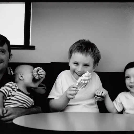 Prompt: happy family enjoying ice cream, clandestine, film grain, specular highlights, 3 5 mm lens, government archive photograph