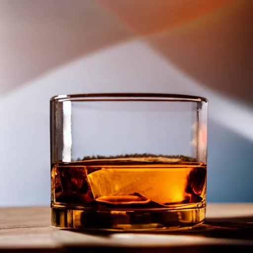 Prompt: shot of whisky on a wooden table, sun refracting through the glass into a rainbow spilling onto the surface
