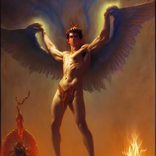 Image similar to attractive male lucifer morning star casting a spell summoning male demons. highly detailed painting by gaston bussiere, craig mullins, j. c. leyendecker, 8 k