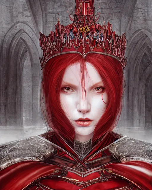 Image similar to redhead queen knight in red armor, inside an epic gothic castle, baroque, large crown, face with scars, intimidating, ominous, high fantasy, intricate detail, digital painting, artstation, concept art, smooth, sharp focus, illustration, art by yoshitaka amano and monia merlo and wlop