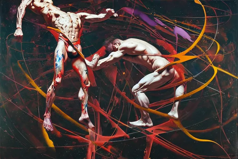 Image similar to muscular men entwined together, floating in space, zero gravity, inside a brutalist space ship, gothic, rich deep colours, painted by francis bacon, adrian ghenie, james jean and petra cortright, part by gerhard richter, part by takato yamamoto. 8 k masterpiece