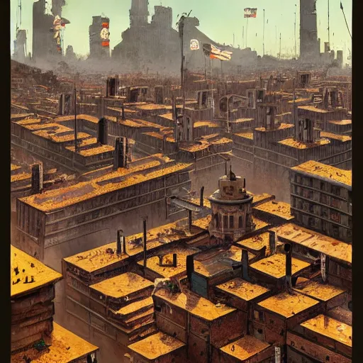 Prompt: (Age of Empires III), colony with checkered flags, rust and brutalist buildings . Propaganda poster, intricate, elegant, highly detailed, digital painting, artstation, concept art, matte, sharp focus, illustration, art by Enki Bilal and Moebius]