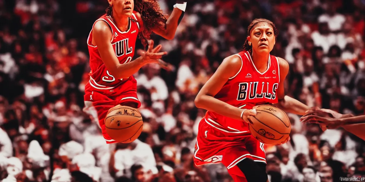 Image similar to candace parker in bulls jersey, high contrast, high saturation cinematic film still