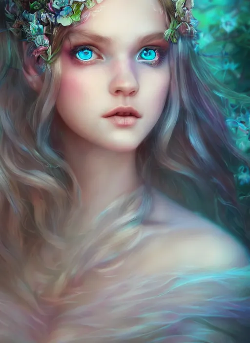 Image similar to portrait of a gorgeous fairy princess of the forest, perfect blue eyes, detailed iridescent floral pattern skin, ultra realistic, cinematic lighting, depth of field, artstation, artgerm, NeoArtCorE