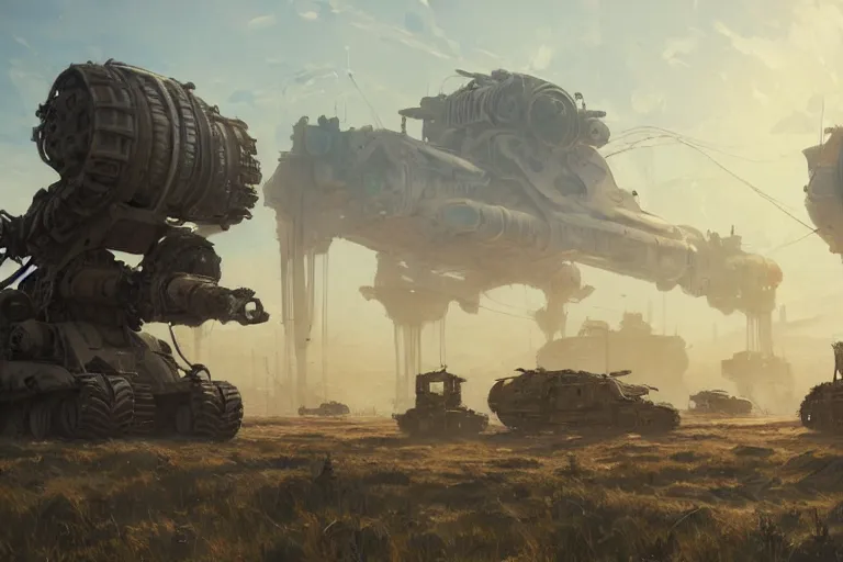 Image similar to concept art of a dry, dusty field with ruined dieselpunk orcish tanks in the background, key visual, ambient lighting, highly detailed, digital painting, artstation, concept art, sharp focus, by makoto shinkai and akihiko yoshida and hidari and wlop