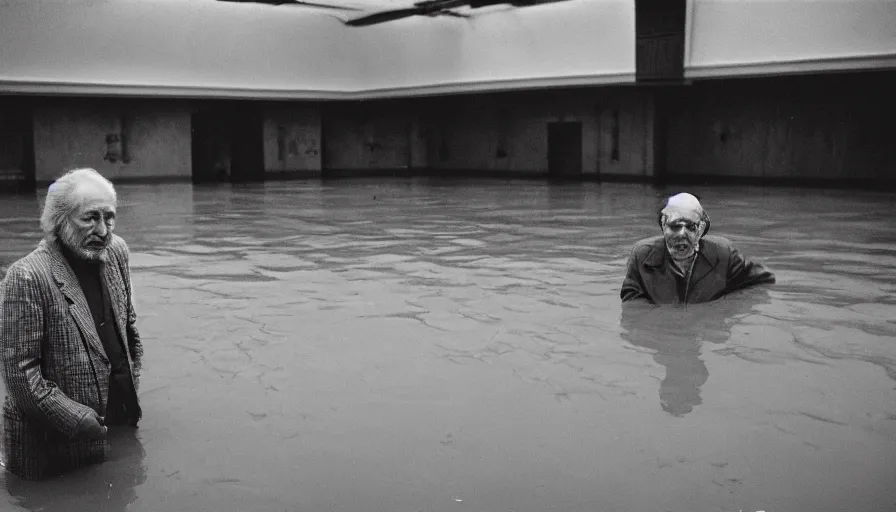 Image similar to 7 0 s movie still of an old manstanding in a soviet stalinist style ballroom flooded in mud, cinestill 8 0 0 t 3 5 mm eastmancolor, heavy grain, high quality, high detail