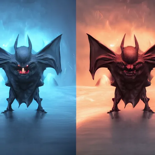 Image similar to front and back character view of scary giant mutant dark blue humanoid bat, glowing red eyes flying above a stormy ocean, sharp teeth, acid leaking from mouth, realistic, giant, bat ears, bat nose, bat claws, bat wings, furred, covered in soft fur, detailed, trending on artstation clean concept art and sheet that using unreal engine 5 render and hyper detailed 3D texture with cinematic software light 85mm f/1.4