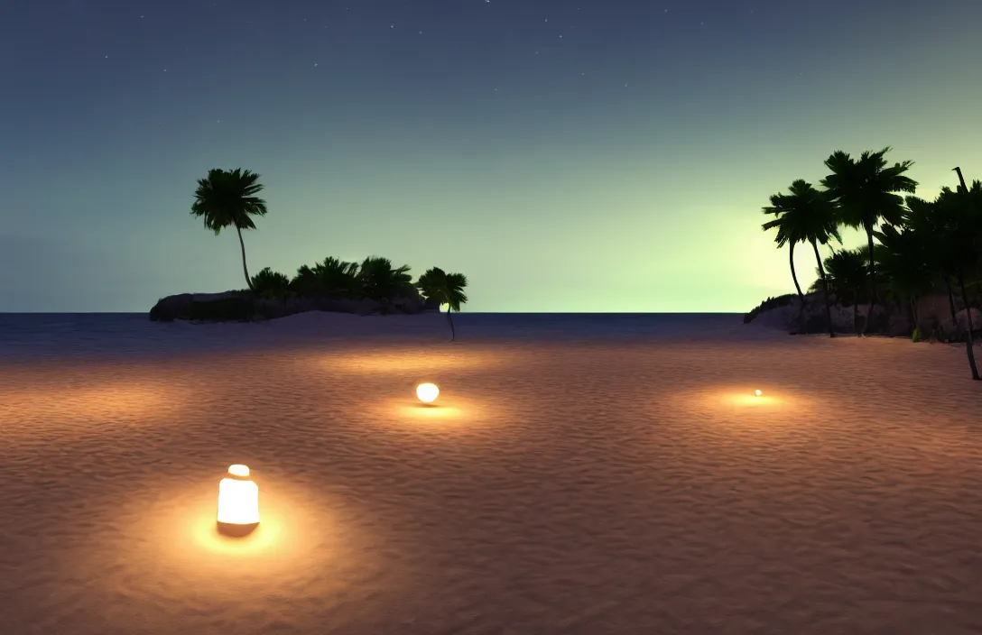 Image similar to on the beach by the sea, at night, unreal engine rendering, with light and shadow