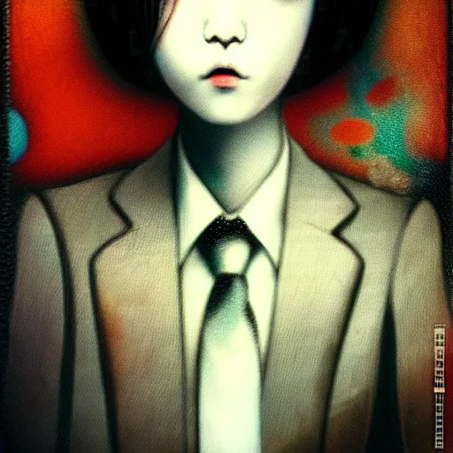 Image similar to yoshitaka amano blurred and dreamy realistic three quarter angle portrait of a young woman with short hair and black eyes wearing office suit with tie, junji ito abstract patterns in the background, satoshi kon anime, noisy film grain effect, highly detailed, renaissance oil painting, weird portrait angle, blurred lost edges