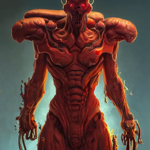 Image similar to doom eternal, mutant, tubes fused with the body, front view, painted by stanley lau, painted by greg rutkowski, painted by stanley, artgerm, masterpiece, digital art, trending on arts