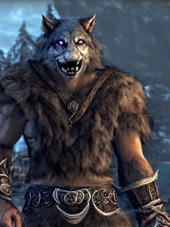 Image similar to cute handsome calm happy relaxed cuddly burly surly werewolf from van helsing unreal engine hyperreallistic render 8k character concept art masterpiece screenshot from the video game the Elder Scrolls V: Skyrim