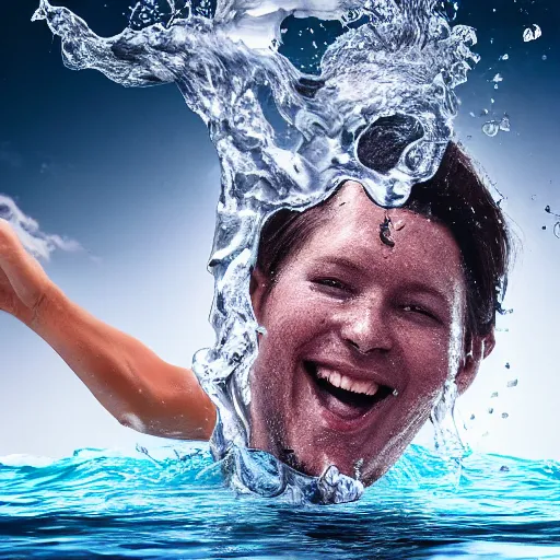 Prompt: spillin water creating a human head out of water, on the ocean water, ray tracing, realistic water sharp focus, long shot, 8 k resolution, cinematic, amazing water art