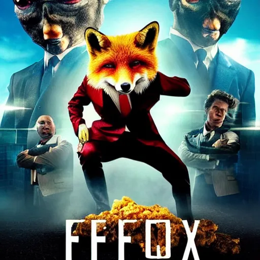 Image similar to hdr quality poster for an action movie called “ fox frigate ”, fearing cool looking anthropomorphic male fox in suit, stealing lots of fried chicken, promotional media