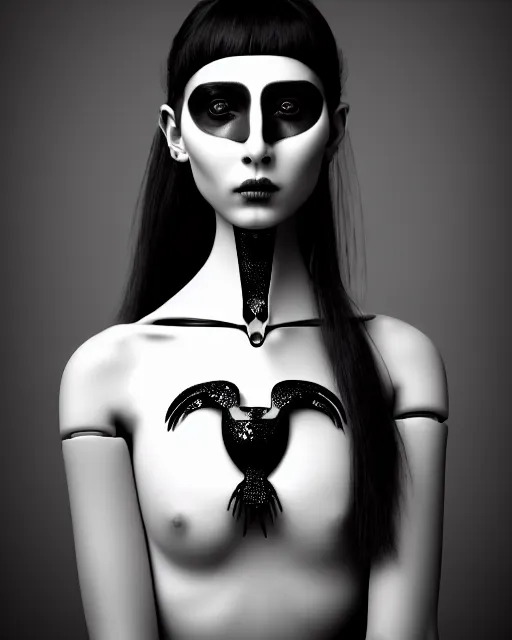 Image similar to surreal mythical dreamy dark artistic black and white fine art 3 / 4 fashion portrait photo of a young beautiful delicate female robot with realistic orchid - owl face, rim light, cinematic, studio dramatic light, poetic, masterpiece, octane render, 8 k, photo - realistic by hg giger and man ray