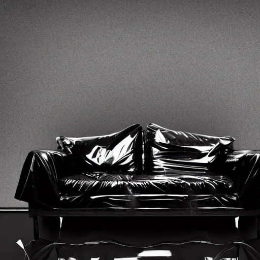 Image similar to a shiny black goo covered panther, panther made of black goo, goo panther, panther made of goo, latex shiny, laying on a tar, covered white couch in a living room, dripping and drooling black goo. digital art, photography