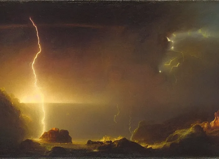 Image similar to earth during the cretaceous – paleogene extinction event, just as the asteroid is colliding with earth, thunderstorms and hellfire, in the style of hudson river school of art, oil on canvas