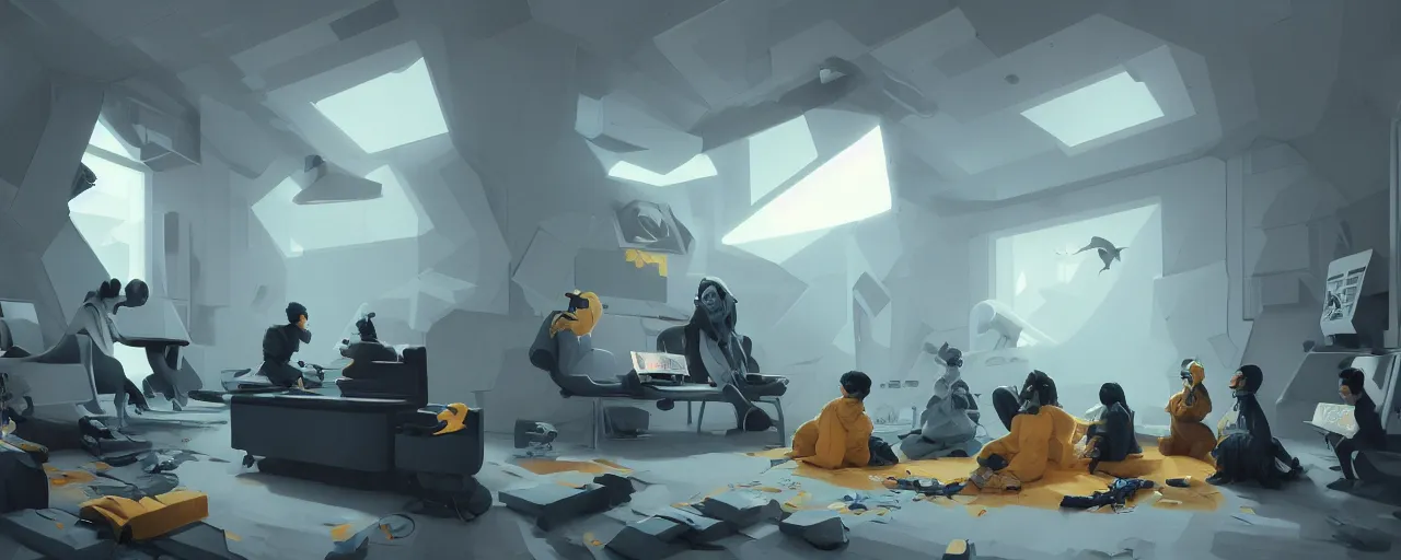 Prompt: duotone concept illustration of emperor penguins in modern computer room. cinematic scene. volumetric lighting. golden ratio accidental renaissance. by sachin teng and sergey kolesov and ruan jia and heng z. graffiti art, scifi, fantasy, hyper detailed. octane render. concept art. trending on artstation